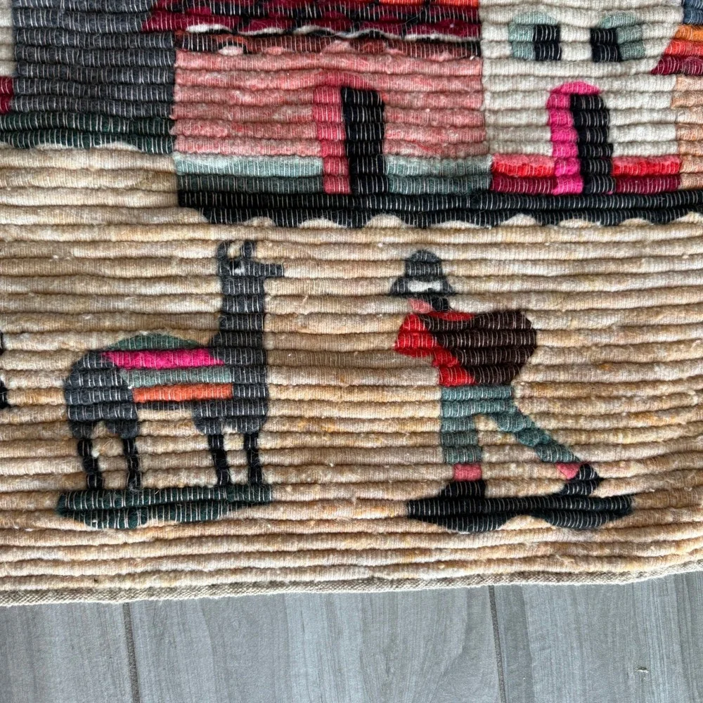 VTG Peruvian Woven 1970s Tapestry Multi Village Llama Wall Art 37
